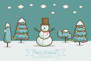 winter landscape with Christmas trees, snowmen, vector