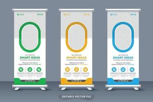 Financial advisor company roll up banner design with green and yellow colors. Digital marketing business promotion template with creative shapes. Corporate business exhibition poster design. vector