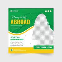 Study abroad social media post vector with purple, green, and yellow colors. Abroad education promotional web banner design for marketing. Abroad study agency advertisement template vector.