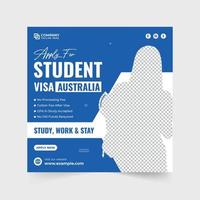 Abroad scholarship and education facilities advertisement template with purple and blue colors. Study abroad social media post vector for marketing. University admission and study web banner design.