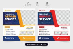 Plumbing service social media post vector with red and yellow colors. Handyman business promotional web banner design with creative shapes. Plumbing business poster template with photo placeholders.