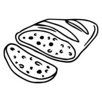 media hogaza de pan con dos rebanadas cortadas.espigas de trigo. bosquejo. ilustración común en blanco y negro. aislado. sobre un fondo blanco. panadería, panadería, diseño de envases. vector