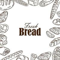 Square frame composition from hand drawn bread in sketch style. Vector illustration for bakery shops. Fresh bread around text banner design.