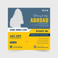 Creative university admission poster design for social media marketing. Abroad scholarship and education promotion template with yellow and blue colors. Study abroad social media post design.