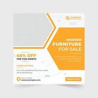 Furniture business promotion template with discount offer section. Modern furniture sale social media post vector with photo placeholders. Furniture poster design with creative shapes for marketing.