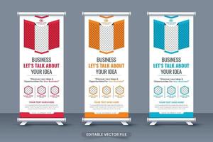 Corporate business roll up banner template with creative shapes. Business promotion banner template with red and blue colors. Roll up standee banner for presentation. Creative exhibition banner vector