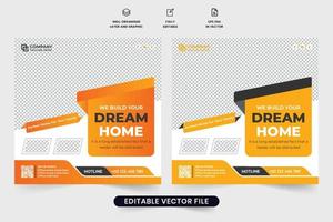 Real estate construction business promotional web banner design with dark and yellow colors. Home repair and Maintenance service poster design. Construction social media post vector for marketing.