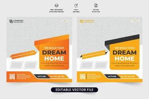 diseño de banner web promocional de negocios de construcción inmobiliaria con colores oscuros y amarillos. diseño de carteles de servicio de reparación y mantenimiento del hogar. vector de publicación de redes sociales de construcción para marketing.