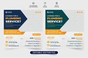 diseño de carteles comerciales de servicio de plomería con formas creativas. vector de plantilla de contratación de personal de mantenimiento profesional con colores amarillos y oscuros. banner web de promoción de negocios de plomería y mantenimiento del hogar.