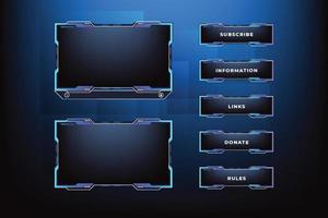 Creative streaming overlay design for online gamers with blue colors. Futuristic live screen border vector with buttons. Streaming overlay screen interface design. Broadcast screen border.