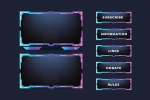 Live streaming and streaming icon design with buttons. Broadcast screen overlay design with blue and purple colors. Futuristic online gaming overlay button vector with digital abstract shapes.