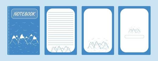 conjunto de portadas y páginas de cuaderno, cuaderno de bocetos de color azul. arte de línea de montañas blancas. ilustración vectorial vector