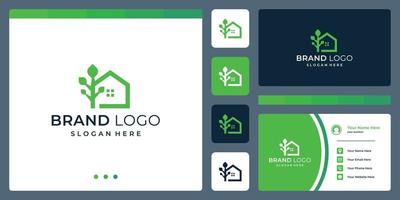 logo that combines house shapes and tree. business cards. vector