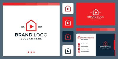 logo that combines house shapes and abstract video and play button. business cards. vector