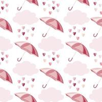 Seamless pattern of hand drawn raindrops of hearts, clouds and umbrellas on isolated background. Design for Valentines Day, mothers day celebration, greeting card, home, baby shower, nursery decor. vector