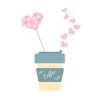 Disposable paper cup with hot coffee and steam in the form of hearts with a heart topper. A concept for a declaration of love on Valentine's Day vector