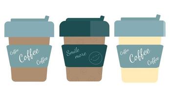 Set of disposable paper cups for coffee with different inscriptions and color combinations in the vector