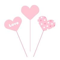 Set of pink hearts for lovers on stick holders with text, plain and polka dots vector