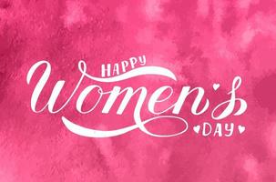 Happy Womens Day calligraphy hand lettering on pink watercolor background. International womans day typography poster. Easy to edit vector template for party invitation, greeting card, flyer, etc.