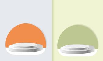 set podium White realistic 3d cylindrical pedestal podium set on pastel orange and green semicircle background. Abstract vector rendering geometric platform. Product display presentation