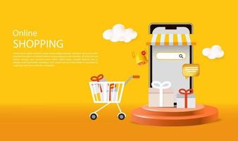 Online store via mobile phone set on podium with floating gift boxes aside, 3D web banner of online shopping vector