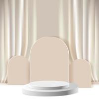 3d product background featuring a podium scene with geometric platforms. 3d rendering vector background with curtains. stand for showing cosmetic products. Stage showcase above beige studio showcase