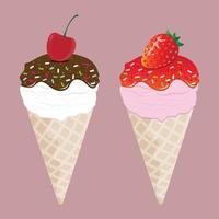 vanilla ice cream topped with chocolate and cherries and strawberry ice cream topped with strawberries vector