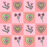 Love shapes with different hearts and flower patterns on colorful geometric square background designs. Seamless Pattern vector illustration. Suitable for valentine's day cards, wrapping paper, textile