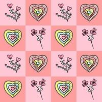 formas de amor con diferentes corazones y motivos florales en coloridos diseños geométricos de fondo cuadrado. ilustración vectorial de patrones sin fisuras. adecuado para tarjetas de san valentín, papel de regalo, textil vector