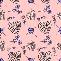 Heart-shaped abstract line pattern and cute floral background design. Seamless Pattern vector illustration. Suitable for valentine's day cards, wrapping paper, textiles