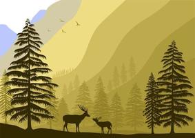 deer wildlife landscape vector illustration in nature. brown tone forest landscape.