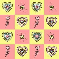 Love shapes with different hearts and flower patterns on colorful geometric square background designs. Seamless Pattern vector illustration. Suitable for valentine's day cards, wrapping paper, textile