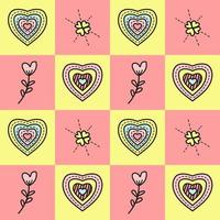 formas de amor con diferentes corazones y motivos florales en coloridos diseños geométricos de fondo cuadrado. ilustración vectorial de patrones sin fisuras. adecuado para tarjetas de san valentín, papel de regalo, textil vector