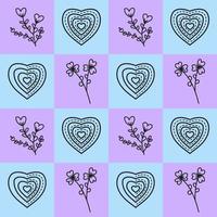 Love shapes with different hearts and flower patterns on colorful geometric square background designs. Seamless Pattern vector illustration. Suitable for valentine's day cards, wrapping paper, textile