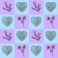 formas de amor con diferentes corazones y motivos florales en coloridos diseños geométricos de fondo cuadrado. ilustración vectorial de patrones sin fisuras. adecuado para tarjetas de san valentín, papel de regalo, textil vector