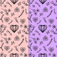 Line drawing of heart shape and cute floral ornament on two color background. Seamless pattern vector illustration. Suitable for valentine's day cards, wrapping paper, textiles