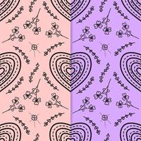 Line drawing of heart shape and cute floral ornament on two color background. Seamless pattern vector illustration. Suitable for valentine's day cards, wrapping paper, textiles