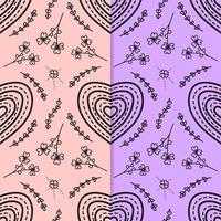 Line drawing of heart shape and cute floral ornament on two color background. Seamless pattern vector illustration. Suitable for valentine's day cards, wrapping paper, textiles