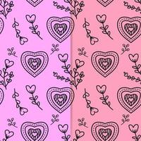 Line drawing of heart shape and cute floral ornament on two color background. Seamless pattern vector illustration. Suitable for valentine's day cards, wrapping paper, textiles