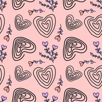 Heart-shaped abstract line pattern and cute floral background design. Seamless Pattern vector illustration. Suitable for valentine's day cards, wrapping paper, textiles