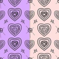 Line drawing of heart shape and cute floral ornament on two color background. Seamless pattern vector illustration. Suitable for valentine's day cards, wrapping paper, textiles