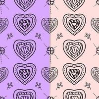 Line drawing of heart shape and cute floral ornament on two color background. Seamless pattern vector illustration. Suitable for valentine's day cards, wrapping paper, textiles