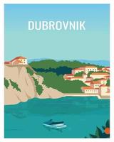 Dubrovnik, Croatia with old town, harbor and jet ski. vector Illustration background with colored style for card, postcard, poster, print.