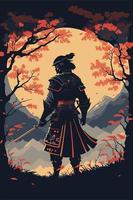 silueta de guerrero samurai japonés con espada de pie en puesta de sol lámina artística vector