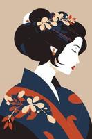 retrato geisha japonesa en kimono, mujer japonesa en adorno floral tradicional vector