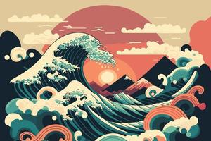 big ocean wave with sun poster in japanese style vector illustration