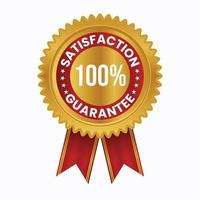 100 satisfaction guarantee label. Vector design emblem. Gold badge with red ribbon isolated on white background.