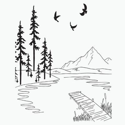 Landscape Line Art, Mountain Outline Drawing, Simple Sketch, Vector File, Scenery Lake, Forest Design, Illustration