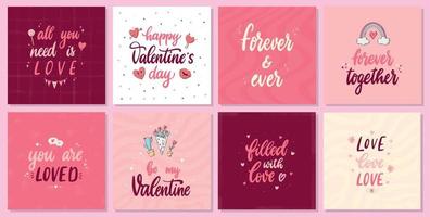 Set of 8 valentine's day cards, posters, prints, invitations decorated with lettering quotes and doodles. EPS 10