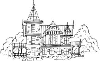 Sketch of a house old archetype.Landscape of the village and town in ink. vector